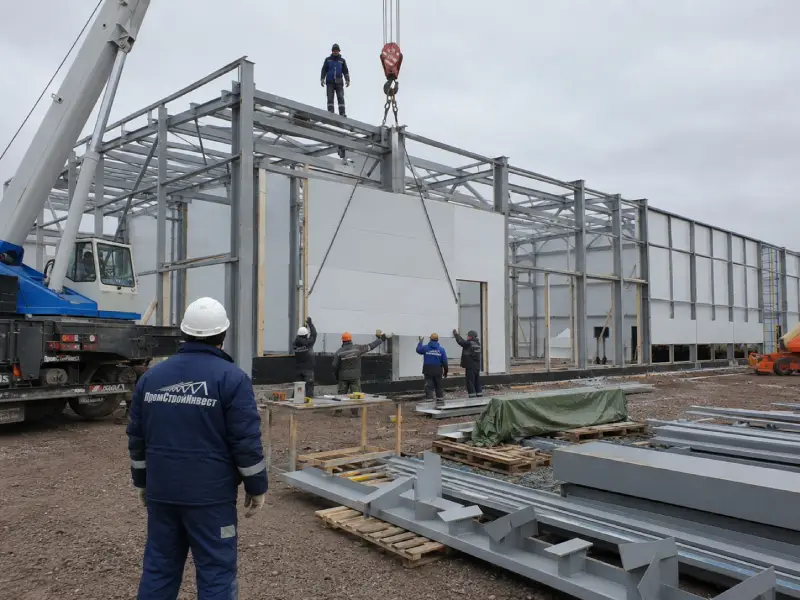 Сборка стального каркаса производственного здания на стройплощадке