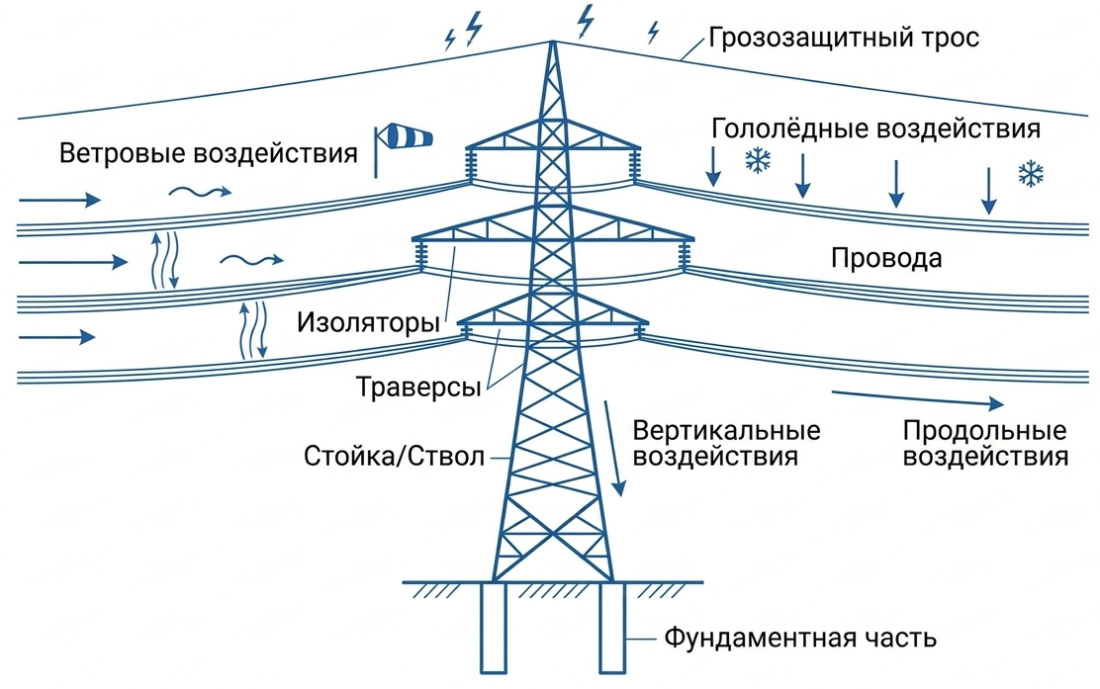 Схема работы опоры ЛЭП в составе воздушной линии с проводами, тросом, изоляторами и фундаментом