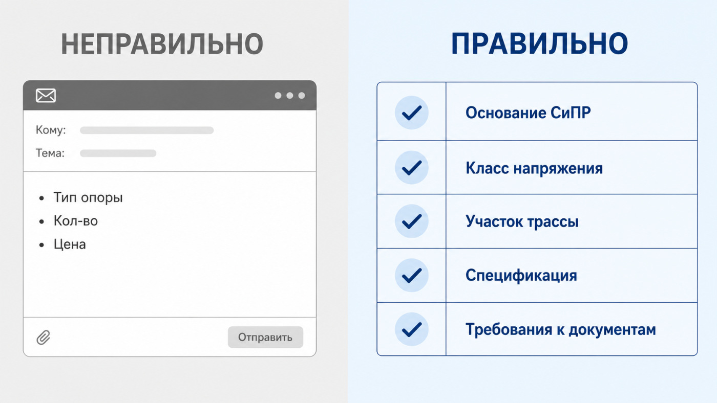 Сравнение неправильного и правильного запроса на поставку опор ЛЭП